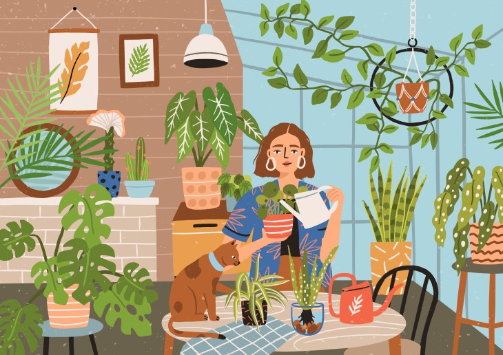 Woman and indoor garden