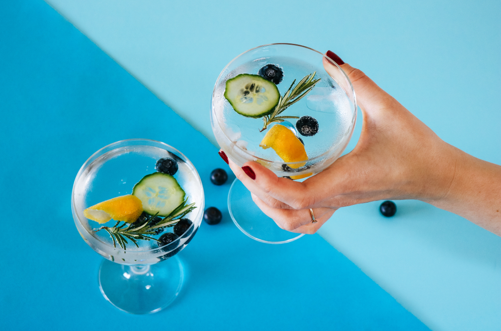 Woman,Holding,A,Gin,And,Tonic,Drink,With,Blueberries,,Cucumber