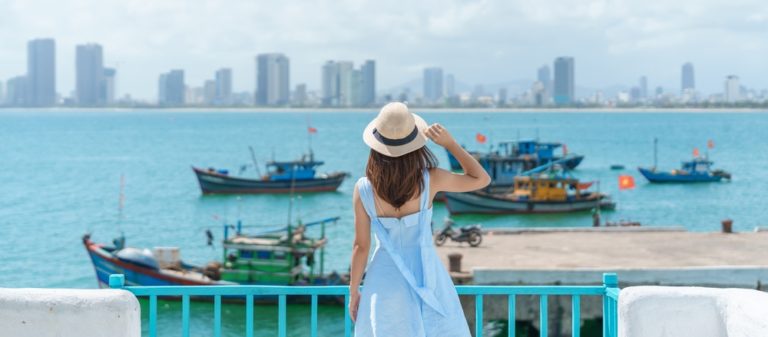 Woman,Traveler,Visiting,At,Son,Tra,Marina.,Tourist,With,Blue