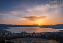 Sunset,With,Sun,On,Lake,Suwa,Landscape.,Real,Life,Location