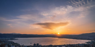 Sunset,With,Sun,On,Lake,Suwa,Landscape.,Real,Life,Location