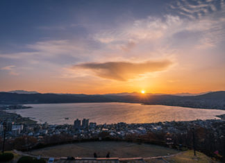 Sunset,With,Sun,On,Lake,Suwa,Landscape.,Real,Life,Location