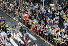 Biggest water fight in the streets of Bangkok during Songkran Festival, Thailand's New Year Festival