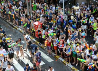 Biggest water fight in the streets of Bangkok during Songkran Festival, Thailand's New Year Festival