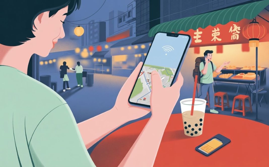 Traveller using smartphone with Taiwan SIM card for navigation in Taipei