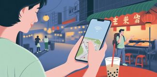 Traveller using smartphone with Taiwan SIM card for navigation in Taipei