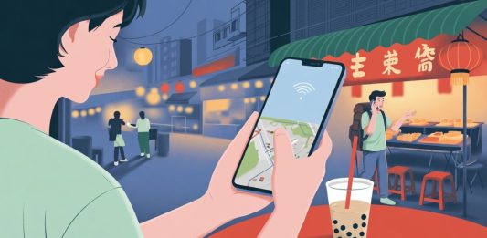 Traveller using smartphone with Taiwan SIM card for navigation in Taipei